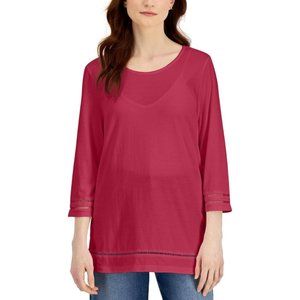 Karen Scott Women's Lattice Trim Top Raspberry Wine New Size M